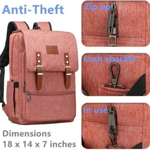 New Backpack Anti Theft Fits 15.6inch Pink - Picture 4 of 8